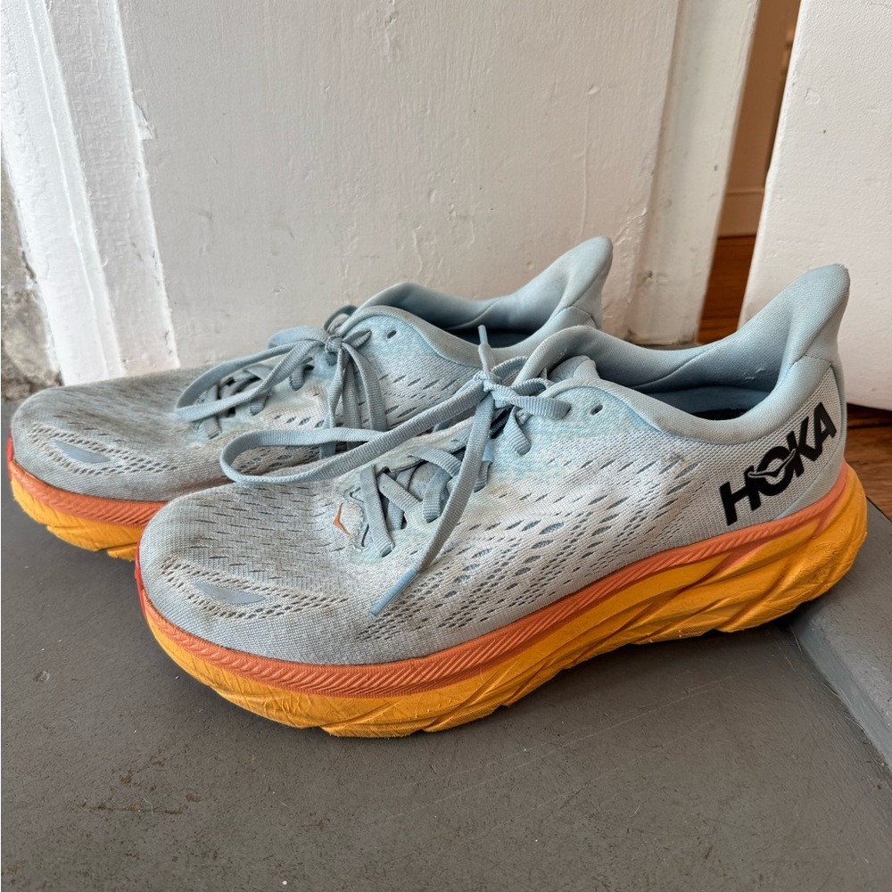 Hoka Clifton 8 Light Blue and Orange Athletic Shoes